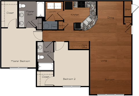 Floor plan for 2 beds, 2 baths, 1211 sqft